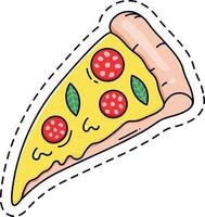 Cartoon illustration of a pepperoni pizza slice with oregano leaves and dripping cheese, isolated on white background with a trendy dashed line contour vector