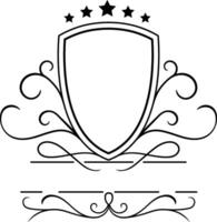 Classic badge design featuring a shield with five stars at the top and elegant swirls on each side, creating a sophisticated and timeless emblem vector
