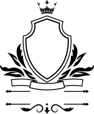 Classic heraldic shield featuring a majestic crown, flowing banner, delicate floral ornaments, and elegant decorative lines, symbolizing nobility, prestige, and timeless elegance