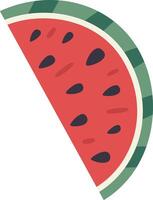 Cartoonish illustration of a slice of watermelon with visible seeds, rind and pulp, isolated on white background, representing summer, freshness and healthy eating vector