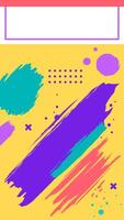 Vibrant brushstrokes in purple, teal, and coral create a dynamic abstract composition on a yellow backdrop, featuring geometric shapes, dots, and copy space at the top vector
