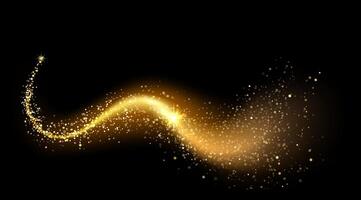 Golden, glowing spiral lines create a shiny effect, adorned with glitter particles against a rich black background, evoking a sense of luxury and festive celebration vector