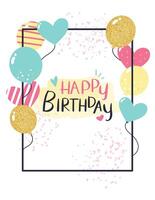 Colorful balloons and confetti floating around a happy birthday greeting card, creating a festive and cheerful atmosphere for a birthday celebration vector