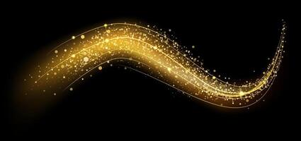 Golden wave with glitter particles flowing on black background creating a magical and elegant effect, perfect for luxury, festive or glamorous designs vector