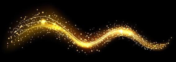 Dynamic waves of golden light and sparkles flowing across a dark background create vibrant energy and motion, enhanced by shimmering particles in an abstract design vector