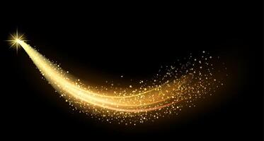 Stunning display of a golden light trail curving gracefully across a black background, creating a sense of motion and elegance. Tiny sparkling particles enhance the magical effect vector