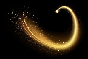 Glowing particles radiate golden light, forming a mesmerizing curved trail against a dark backdrop, evoking a sense of magic and luxury in an elegant, festive atmosphere vector