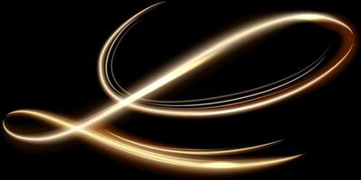 Golden light trails swirling and flowing on black background creating an elegant and abstract design, perfect for luxury, technology, or futuristic themes vector