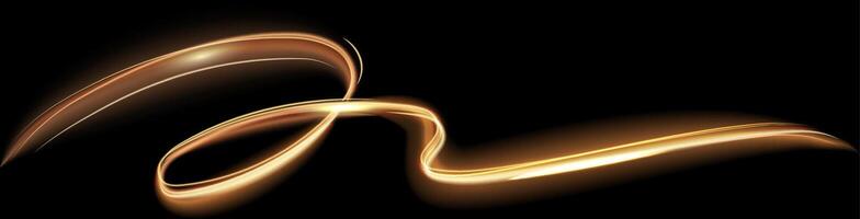 Abstract golden light trails create a dynamic and elegant swirl against a black background, evoking movement and energy. Perfect for conveying luxury, creativity, and modern design vector