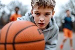 A young boy skillfully dribbles a basketball on an outdoor court, showcasing his focus and agility amidst motion-blurred teammates and trees surrounding the area photo