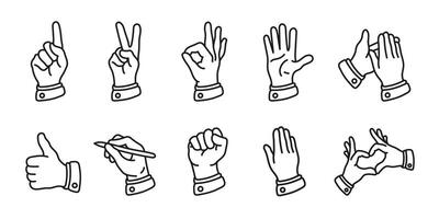Hand gesture sign icon set. Hands and fingers gestures illustration collection. Human finger signals. Index finger, raised up fist, OK or Yes sign, clapping hands, like or thumb up expressions. vector