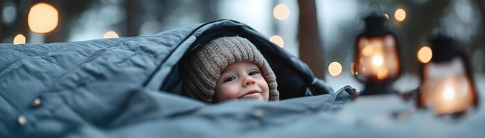 A child cozily peeks out from a sleeping bag inside a tent, illuminated by the warm light of lanterns. The background sparkles with twinkling stars, creating a magical nighttime atmosphere photo