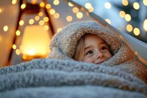 A joyful child peeks out from a soft sleeping bag within a softly lit tent. The enchanting background features twinkling stars and a warm glow from lanterns, creating a magical ambiance photo