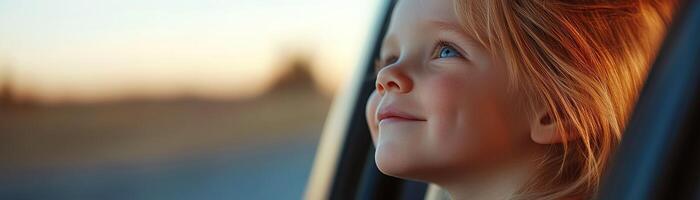 A child gazes out the car window, soft sunlight illuminating their face while blurred landscapes rush by, capturing the joy and wonder of a family adventure on the road photo