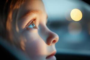 A child is filled with excitement while looking out the window of a car, soft sunlight reflecting on their face as the scenery rushes by during a joyful family road trip photo