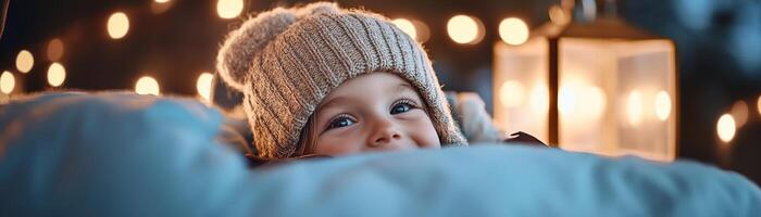 A child in a sleeping bag peeks out from a cozy tent, illuminated by warm lantern light and surrounded by twinkling stars in the night sky, creating a magical atmosphere photo