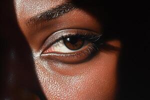 A close-up portrait captures the intense gaze of one eye while deep shadows obscure half of the face, highlighting the texture and detail of the skin and eyelashes photo