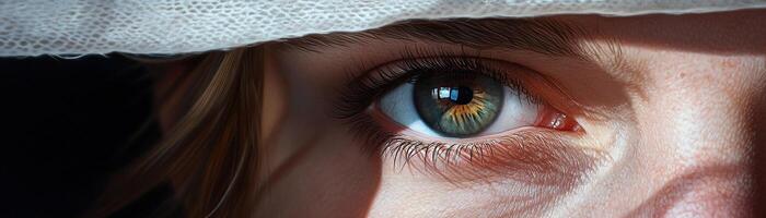 A close-up portrait reveals a person's striking eye, half-hidden in shadows, conveying deep emotion and intensity in a captivating manner. The light creates a dramatic effect on the features photo