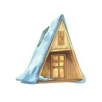 Triangular wooden houses for outdoor recreation A-frame with burning light in windows, cozy with snowy roofs. Watercolor winter illustration hand drawn. Separate element isolated from background. vector