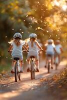 A group of children rides bikes down a sun-dappled path lined with trees, surrounded by warm sunlight filtering through the leaves, capturing their carefree laughter and adventure photo
