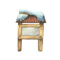 Information stand with empty space for text wooden with tiled roof and snow outdoor for forests and parks. Watercolor winter illustration hand drawn. Separate element object isolated from background. vector
