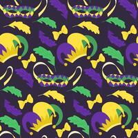 Seamless pattern with colorful Mardi Gras masks, jester hats, feathers, and bows in purple, green, and yellow on a dark background vector