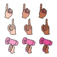 Pixel art set of hands in various poses and skin tones, including pointing gestures and holding a pink megaphone, showcasing diversity and communication vector