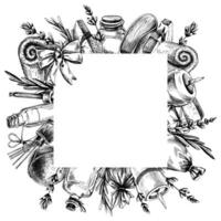 Cosmetics for spa and body care lavender. Graphic illustration line art hand drawn in black and white monochrome. Square frame, wreath, template for text. vector