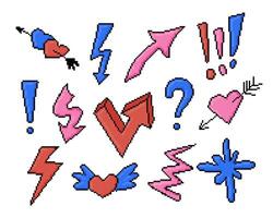Pixel art set of retro symbols including hearts, arrows, lightning bolts, question marks, and exclamation points in red, blue, and pink on a white background vector