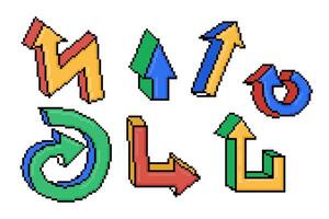 Pixel art collection of colorful 3D arrows in various directions and shapes, including curved and straight designs, in green, blue, red, and yellow on a white background vector