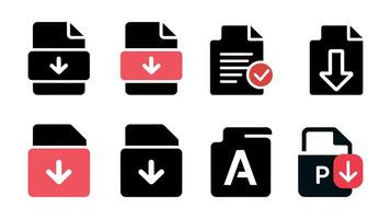 File Management Icons Set - Document, Download, Delete, Edit, Checkmark, Add, Red UI Symbols, Data Management vector