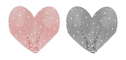 Set of fingerprints in color and graphic heart in cartoon style. Flat illustration of fingerprints in the shape of red and black hearts isolated on white background. Symbol of love. Day of all lovers vector