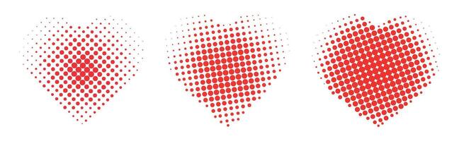 Set of halftone red hearts isolated on white background. Flat illustration of beautiful hearts of different shapes with halftone. Concept of love. vector
