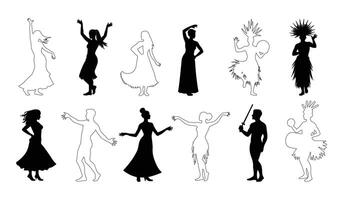 collection of dancing people silhouettes in various styles, black and white dance movements for creative use, dancing silhouette bundle vector