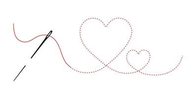 Needle with red thread in the shape of a heart. Heart embroidered seam forward. Flat illustration of a heart outline. vector