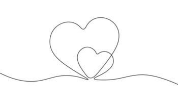 Continuous line drawing of two hearts isolated on white background. Black and white graphics. One line two hearts in a minimalist design. vector