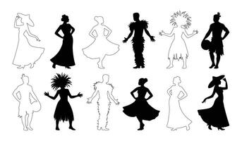 traditional dancer silhouettes in different styles and dynamic poses, black and white artistic dance collection, dance silhouette bundle vector