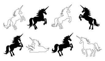 collection of unicorn silhouettes in different poses, running, standing, and resting, perfect for fantasy designs, unicorn silhouette bundle vector