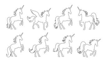 outline drawings of unicorns in various positions, black and white fantasy illustration, ideal for coloring books, unicorn outline bundle vector