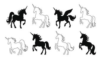 silhouettes and outlines of unicorns and pegasus in different poses, black and white mystical creatures, unicorn pegasus silhouette bundle vector