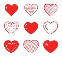 Set of red hand drawn hearts isolated on white background. Cartoon style hearts. Set of heart for greeting cards. vector