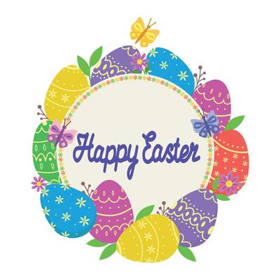 A decorative frame made of Easter eggs, floral elements and butterflies. Beautiful design template for greeting cards, invitations, Easter cards and banners. illustration. illustration