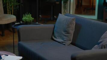 Contemporary apartment with modern indoor plants and neon lights creating a cozy casual living room with a smart tv and comfortable setup. Empty studio loft with trendy furniture. video