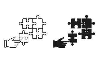 Connect Parts of Puzzle Sign. Human Hand and Jigsaw Line and Silhouette Icon Set. Team Game, Puzzle Strategy Solution Sign. Brainstorming Concept. Editable Stroke. Isolated Illustration vector