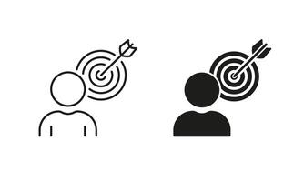 Goal Strategy, Aim Focus Pictogram. Person with Target Line and Silhouette Icon Set. Objective Oriented Human. Dartboard Bullseye and Arrow. Editable Stroke. Isolated Illustration vector