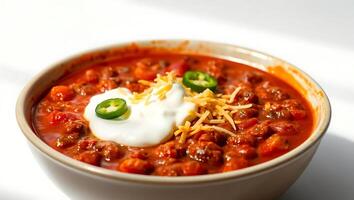 Hearty chili with beans topped with sour cream and cheese in a bowl photo