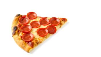 Slice of pizza topped with pepperoni on a clean surface photo