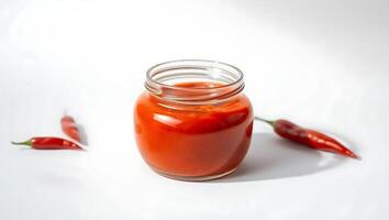 Spicy red chili sauce in a jar with fresh peppers on a clean surface photo