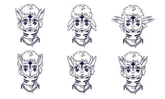 Monster set for expressing emotions. Hand drawn, doodle illustrations in black and white, ink style. Fictional avatar. calm, angry, surprised, smiling, zayplaying. vector