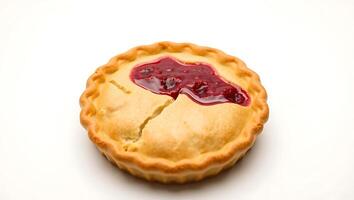 Classic cherry pie with a glossy red filling on a rustic wooden surface photo